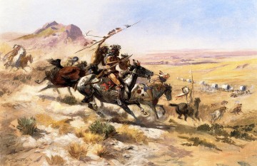 Attack on a Wagon Train Indians western American Charles Marion Russell Oil Paintings